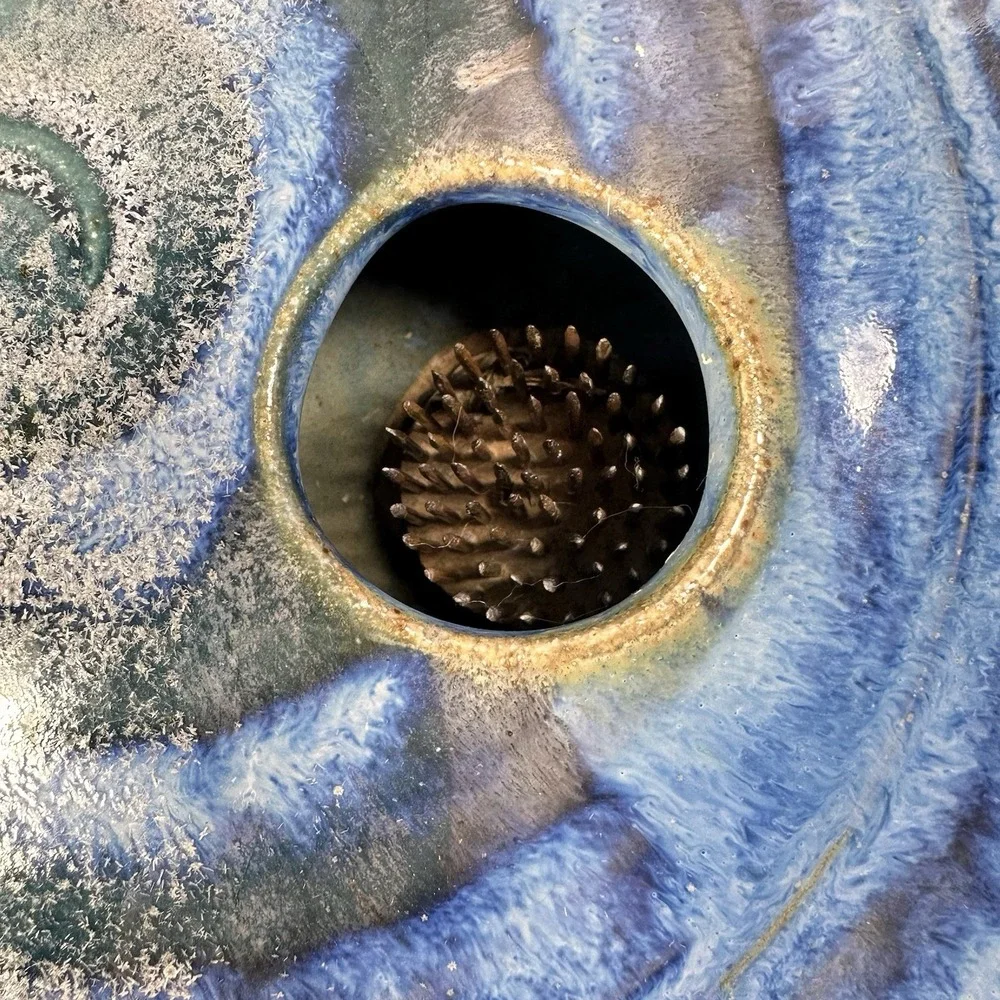 VTG Handmade Ikebana Pottery Vase W/ Floral Frog Blue & Green Glaze Signed Colby